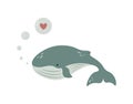 Vector cartoon illustration of a cute whale with bubbles and a heart inside. Royalty Free Stock Photo